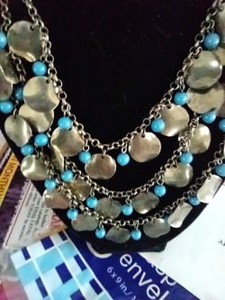 Brass Tone And Turquoise Colored Beads Costume Necklace 