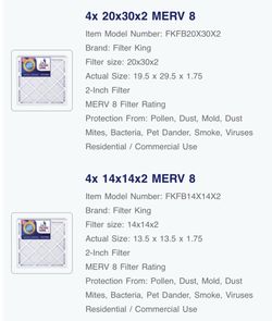 Set of 3 Filter king 3x 20x30x2 MERV 8 & 3x 14x14x2 MERV 8