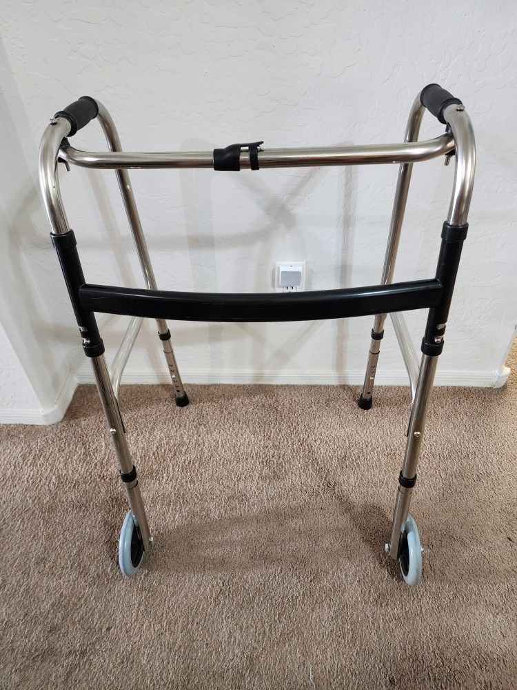 Adjustable Height Adult Walker with Trigger Fold and 5" Wheels