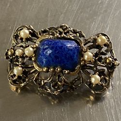 Vintage gold tone Lapis Blue glass and Pearl Brooch 