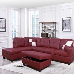 2 pc. Sectional with FREE Ottoman in Cherry Red Leather 