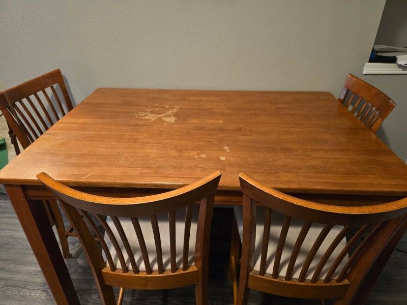 Tall Wooden Dining Table + 4 Cushioned Chairs