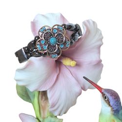 Hematite stone bracelet, Sterling Silver, Magnetic closure, turquouse enamel
