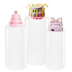 3PCS CYLINDER PEDESTAL STANDS FOR PARTIES, WHITE METAL ROUND CYLINDER PLINTHS DESSERT TABLE DISPLAY PILLARS FOR BIRTHDAY WEDDING BRIDAL BABY SHOWER PA