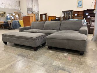 Dark Grey L-Shaped Sofa with Long Storage Ottoman
