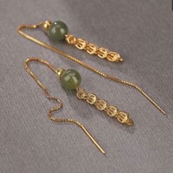 Solid 925 Sterling Silver Jade Vintage Tassel Earrings 