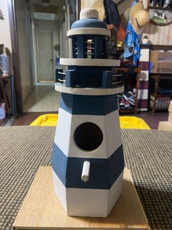 Blue & White Striped Wooden Birdhouse Lighthouse