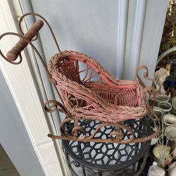 Baby Doll Stroller Wood Cane Metal Carriage Buggy Small  Antique Style