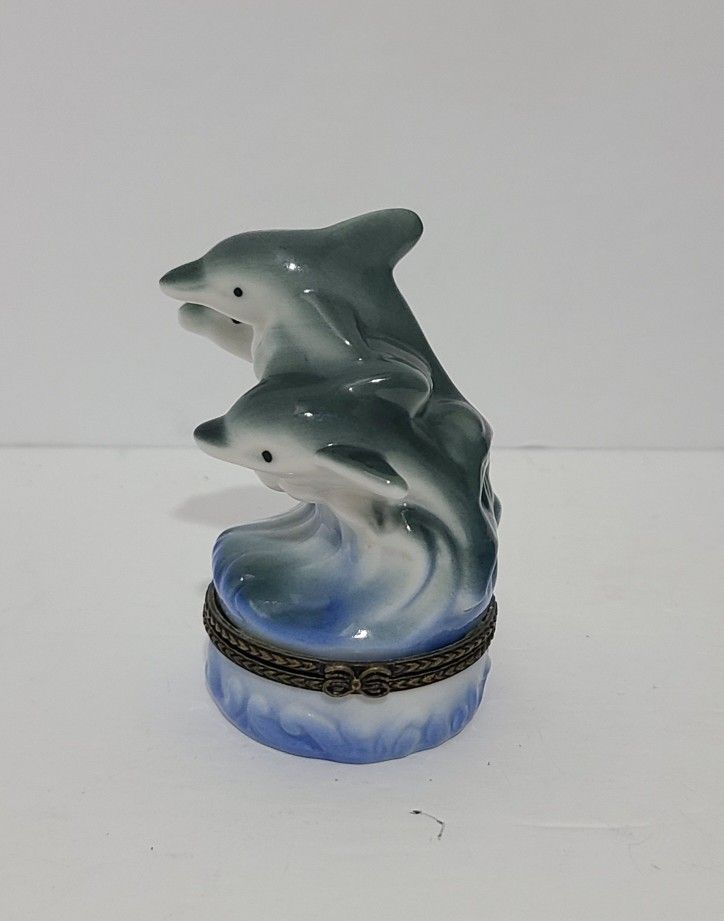 Trinket Box 3 Dolphins Jumping on Blue Waves