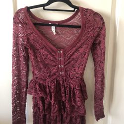 Girls Maroon Sheer Lace Top Size XS