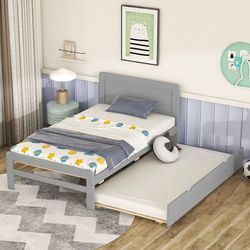 Platform Bed with Trundle Bed, Twin Bed Frame with Headboard for Kids, Wood - Gray $66