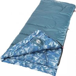 Coleman Kid Camo Youth Sleeping Bag , Blue Up to 5ft 5 in with Zip Compartment