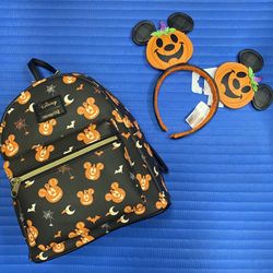 Loungefly Disney Halloween Mickey Mouse Jack-O-Lantern Pumpkin Mini Backpack and Matching Headband/ Ears - NWTs 