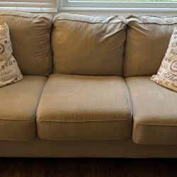 Used Beige Sofa, Loveseat, Espresso Coffee Table, 1 Espresso End Table