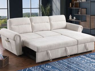 97"W Beige Chenille Reversible Sleeper Sectional Sofa Chaise with USB Charger, Phone/Magazine Pockets