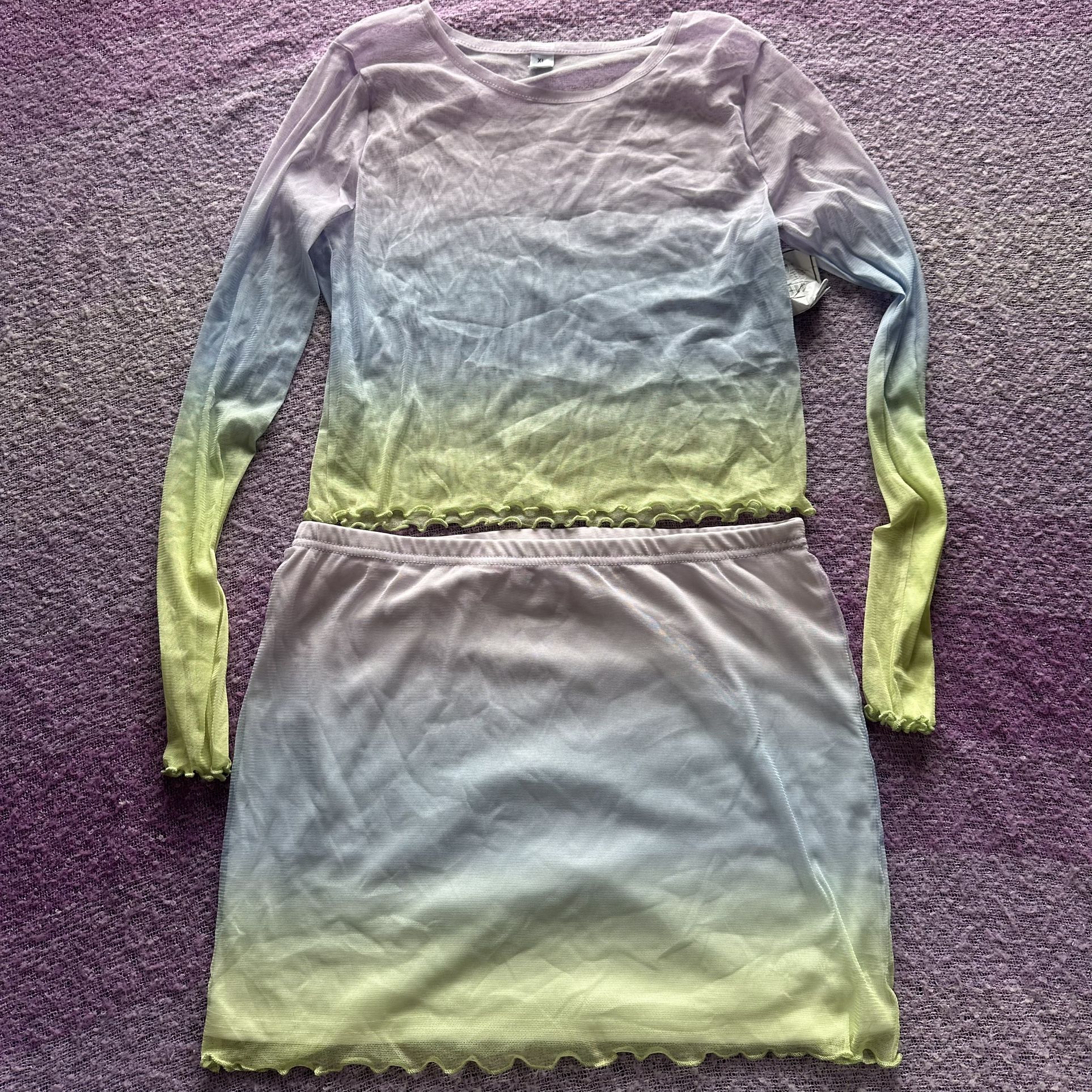 Green and purple ombre mesh Top and Skirt Set