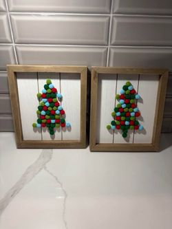2 New whimsy Christmas pom Pom Christmas tree w shiplap wall art frame decoration