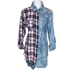 Thrill Jeans Women's Denim Distressed Blue Pink Plaid Button Up Hi Low Top