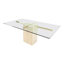 1970s Italian Single Travertine Pedestal Glass Top Dining Conference Table mid century