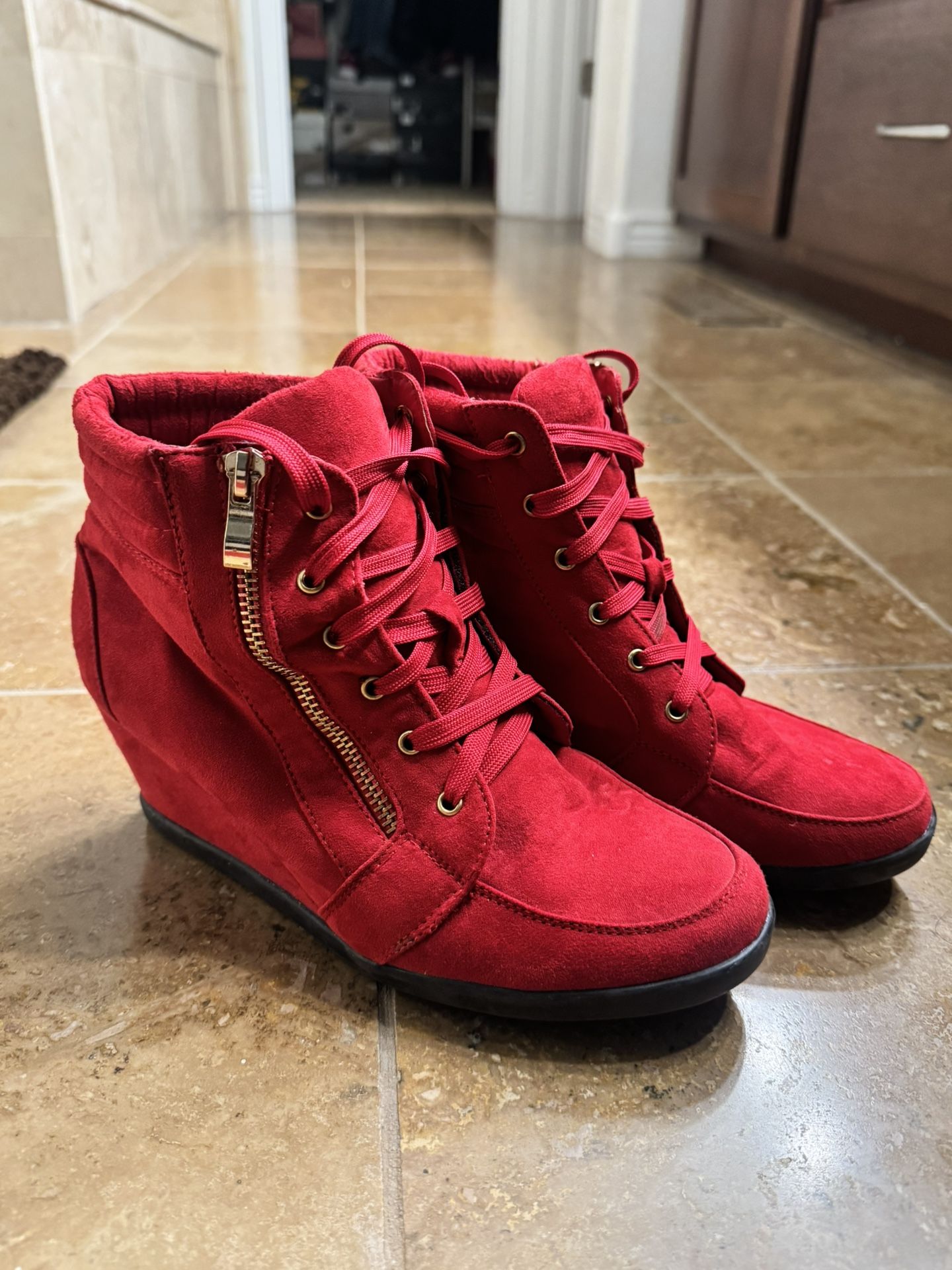 Red Suede Wedge Sneakers