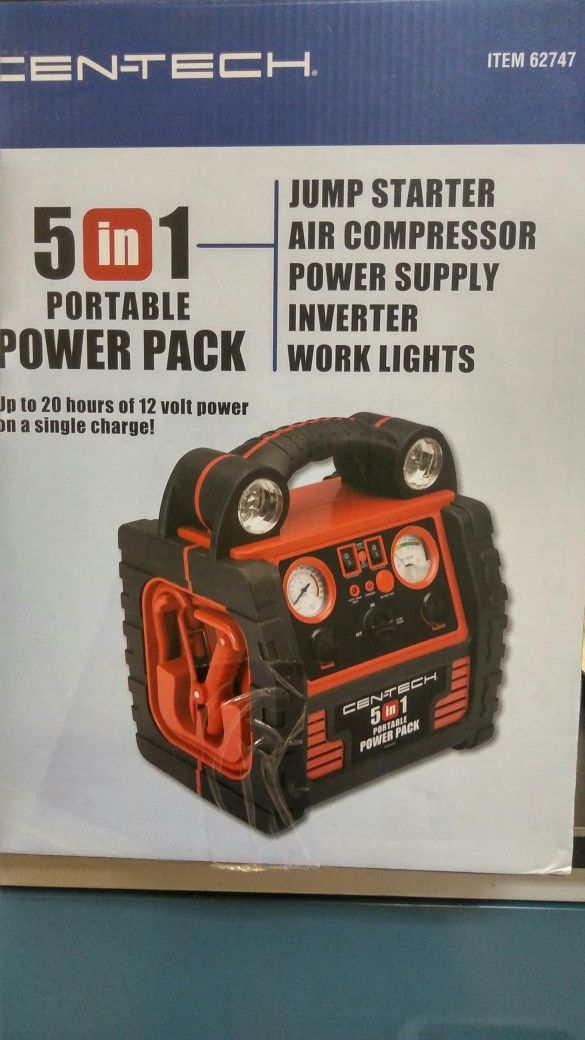 CEN-TECH 5-in-1 Portable Power Pack (Jump Starter- Air Compresor- Power Supply- Inverter- Work Lights)