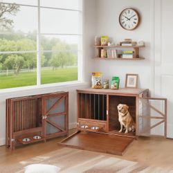 Solid Wood Dog Crate Furniture, Foldable Indoor Kennel With 360° Rotating Feeder Multi-Functional End Table For Small & Medium Dogs, Portable Pet Cage