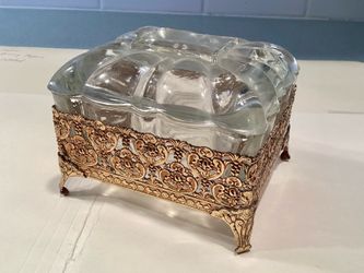1950s Vintage Hollywood Regency Style Thick Glass Jewelry / Trinket Lidded Container Brass Filigree