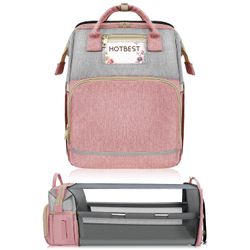 HOTBEST Diaper Bag Backpack – Large Waterproof Baby Changing Bag with Changing Pad & USB Port, Pink Gray