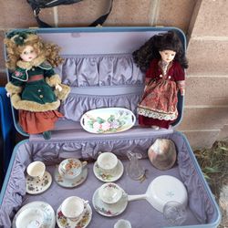 VintafeLuggage Bag, Porcelain Dolls, Tea Sets