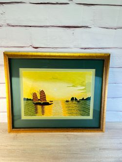 Vietnamese Textile Wall Art Boats Sunset Sunrise Yellow Green