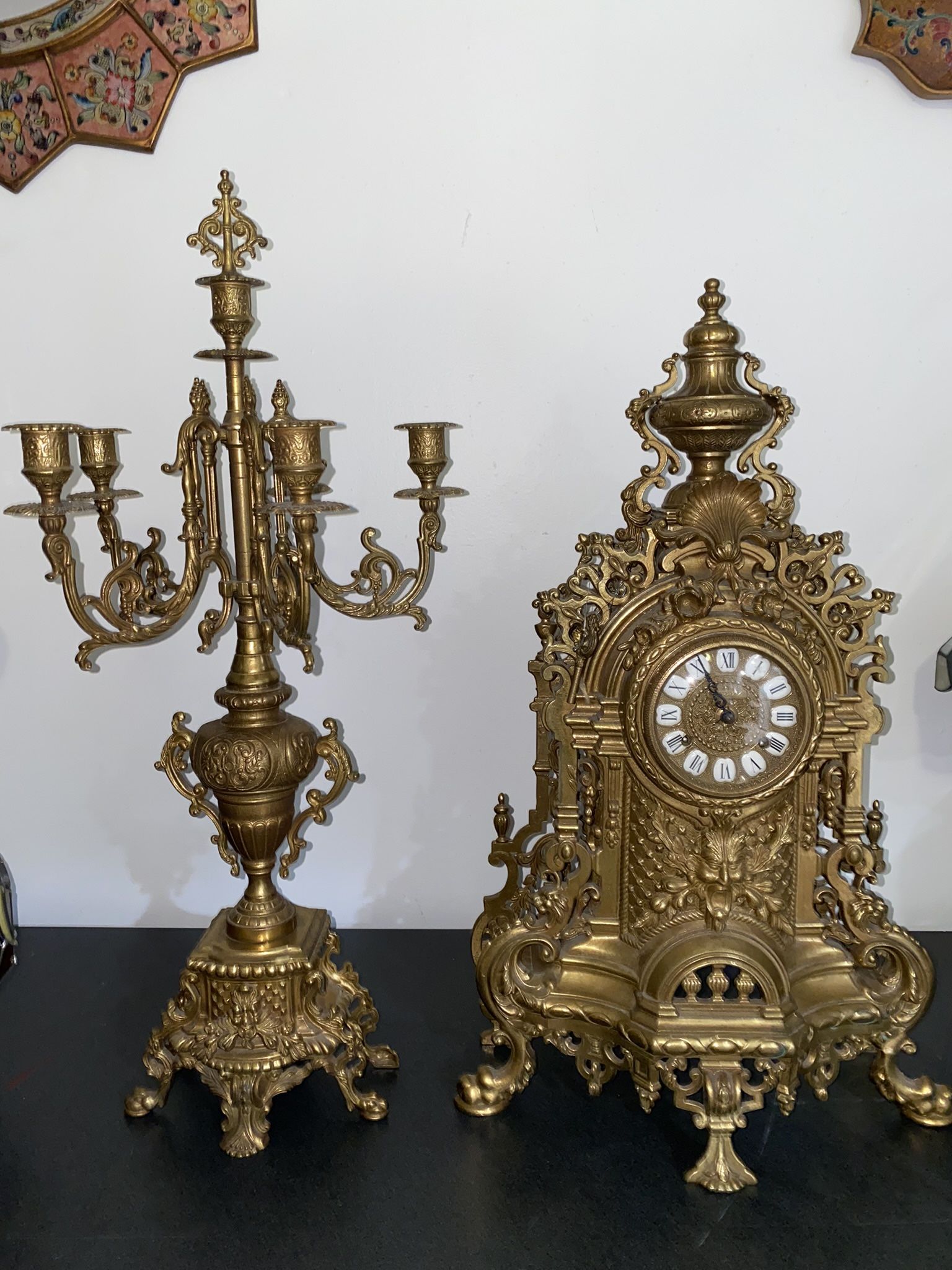 Italian IMPERIAL Franz Hermle Brass Mantel Clock with Key & Large Ornate 5 Candle Candelabra with Snuffer