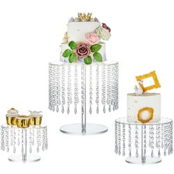 NUPTIO Acrylic Cake Stand Set: 3 Pcs Round Cupcake Stands Wedding Clear Dessert Display Afternoon Tea Cup Cakes with Crystal Chandelier for Weddings B