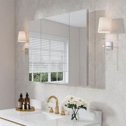 48 in. W x 30 in. H Rectangular Aluminum Tri-View Medicine Cabinet with Mirror, Blum Hinge, Adjustable Shelves