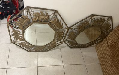 Pair of 32” Bronze Leaf Style Octagonal Wall Mirrors