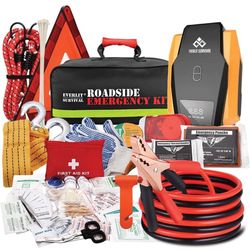 Everlit Survival Car Emergency Kit, Roadside Safety Tool Kit with Gloves,Digital Auto Air Compressor Tire Inflator, First Aid Kit, 12 Feet Jumper Cabl