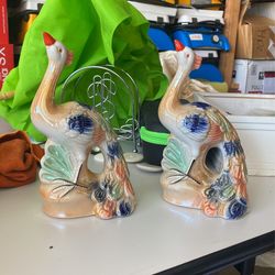 2 Vintage Porcelain Lusterware Peacock Figure Made in Brazil Majolica MCM 7 3/4"