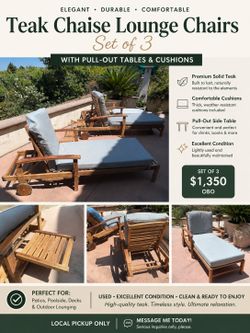 Set of 3 teak chaise lounge chairs w/ cushions