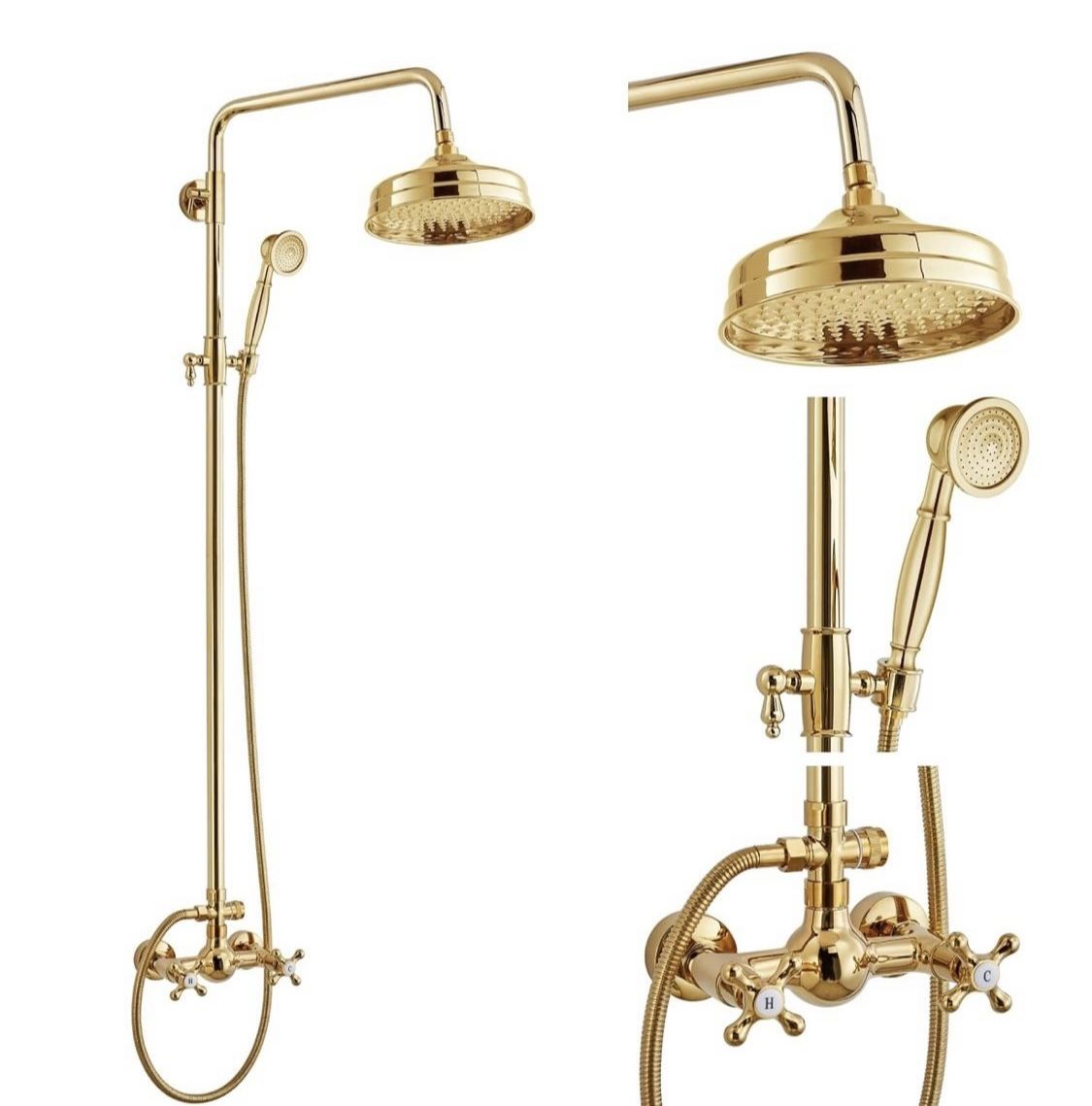 8 Inch Rain Showerhead Double Cross Handles 2 Function Wall Mount Shower Faucet Set, Brass Handheld Spray, Polish Go