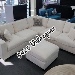 ✅️✅️4 pc ivory cordury fabric upholstered sectional sofa with ottoman✅️✅