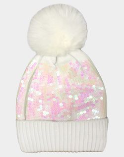 White Sequin Pom Pom Beanie Hat