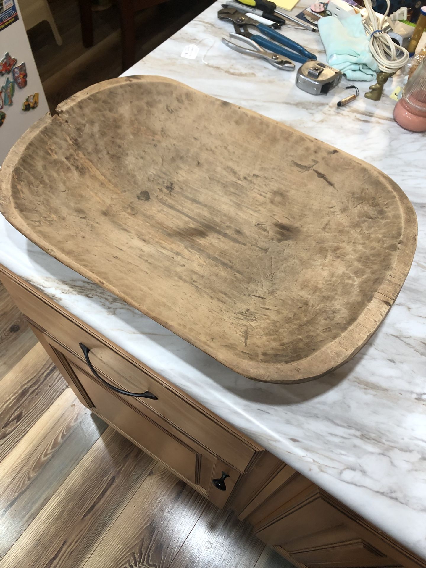 Antique Large Wooden Hand Carved Dough Bowl 21 3/4 Inches Long