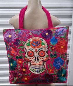 Sugar Skull Skeleton Embroidered Tote Bag