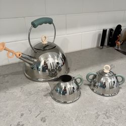 Michael Graves Alessi Tea Pot Creamer Sugar And Sugar Spoon. 