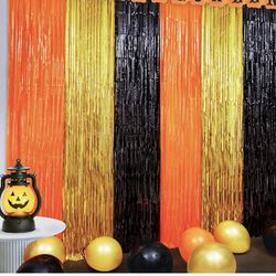 Black, Orange & Gold Tinsel Foil Fringe Curtains Decoration