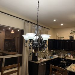 24” Aged Bronze Chandelier - Scrolled Iron Silhouette - Alabaster Glass