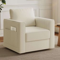 Swivel Accent Chair for Living Room, Linen Fabric Armchair with Underseat Storage & Side Pocket, 23.2" Width Comfy Seat Cushion, Modern Single Couch, 