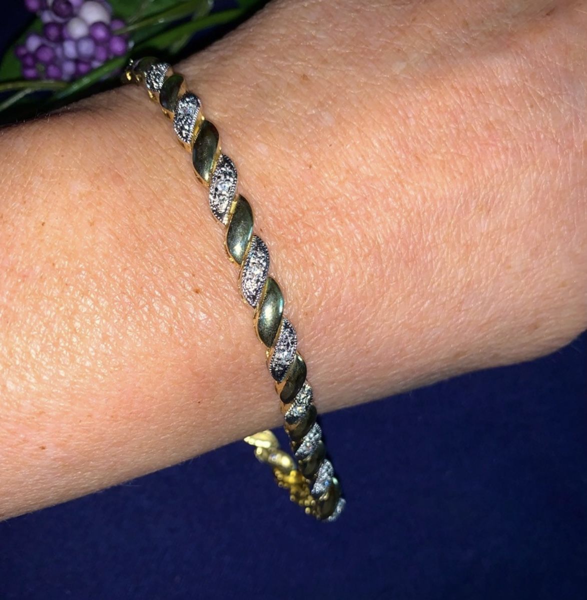 Vintage STERLING SILVER Two Tone Bracelet Marked JCC -Gold Vermeil & CZ, 7.5"