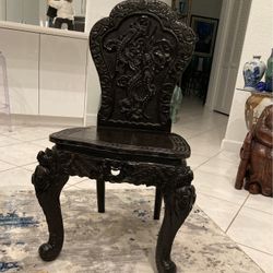 Antique Asian Chinese Chinoiserie Ornate Black Hand Carved Wood Side, Desk Or Vanity Chair! Foo Dog Lion Legs.  