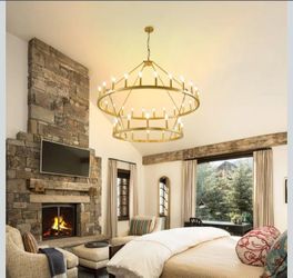 #2222-47" Gold Wagon Wheel Chandelier, 2 Tiers 36-Light Large Farmhouse Chandelier for High Ceilings, Round Rustic Pendant Light Fixture for Foyer, En