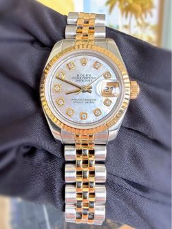 2005 Rolex Datejust 26mm Сustom White MOP Diamond Dial Fluted Gold Bezel Ladies Watch 79173 box & appraisal papers